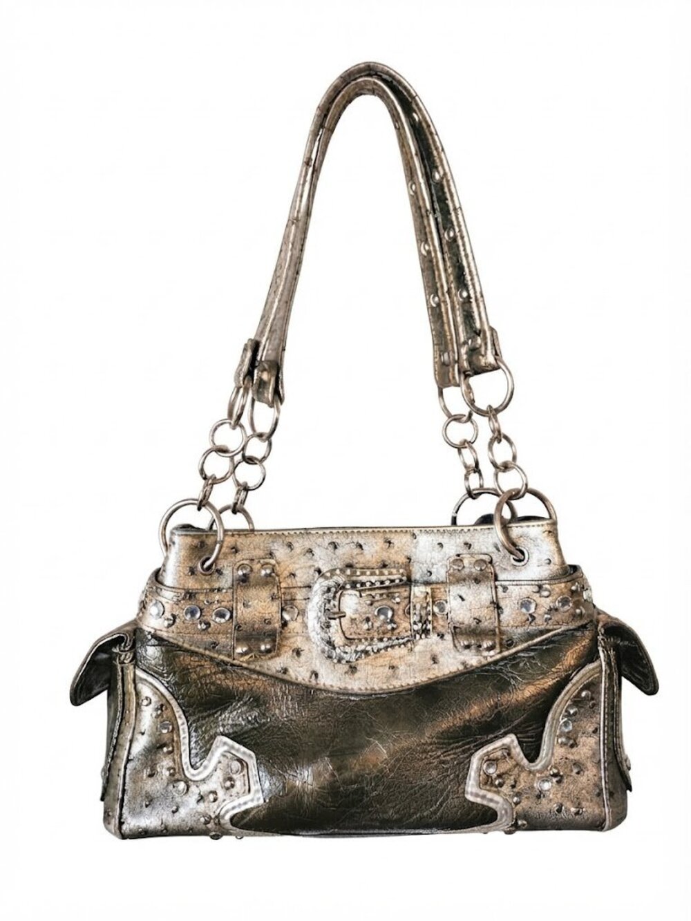 Y2K Metallic Rhinestone Buckle McBling Western Studded Chain Shoulder Bag
